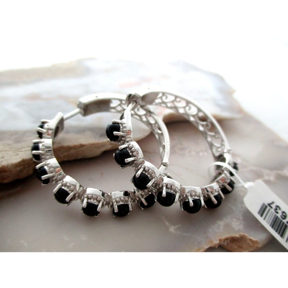 STS KARIS 925 STERLING SILVER BLACK ONYX GEMS HOOP EARRINGS NWT
